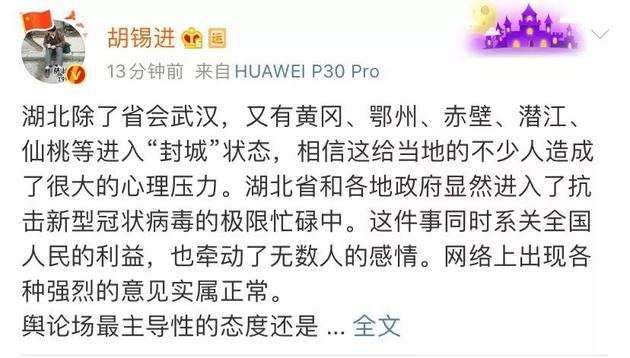 胡锡进：各种消息间如何看待战斗在最前线的武汉湖北入坑的萌新都说好